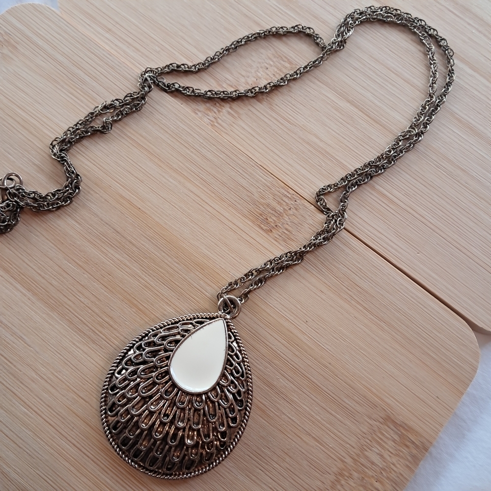 Vintage Goldtone Textured Pendant Necklace with Celestial Motifs